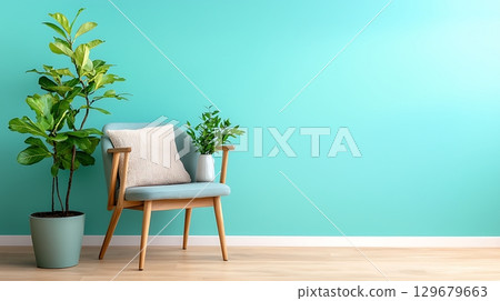 Modern Chair Decorated with Green Plants Against a Light Blue Wall in a Bright Room 129679663
