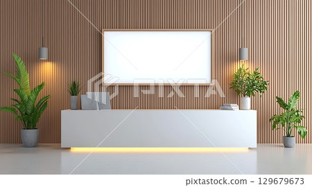 Modern Minimalist Interior with White Cabinet, Green Plants, and Empty Frame on Wooden Wall 129679673