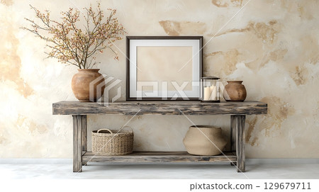Rustic Decor Arrangement with Wooden Table, Pots, Frame, and Natural Elements Rustic Decor Arrangement with Wooden Table, Pots, Frame, and Natural Elements 129679711
