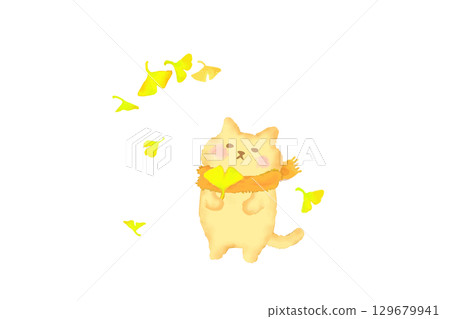 一隻可愛的貓咪拿著銀杏葉享受秋天 — — 水彩畫 129679941