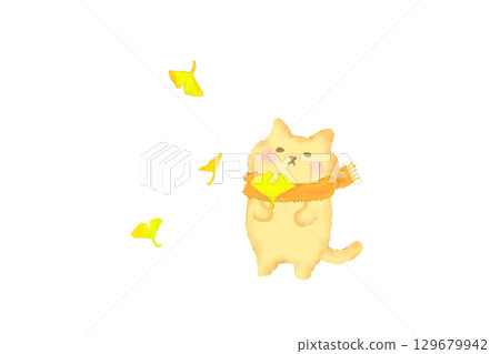 一隻可愛的貓咪拿著銀杏葉享受秋天 — — 水彩畫 129679942