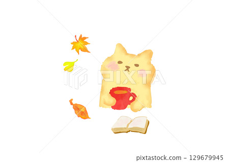 Autumn - Cute cat enjoying reading and coffee - Watercolor illustration 129679945