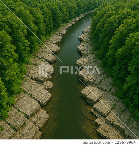 山間溪流閃耀著新鮮的綠色 129679964