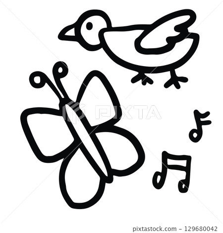 Hand drawn outline of bird, butterfly, music melody for kid colouring book, animal, zoo, souvenir shop, cartoon character, comic, mascot, sticker, trip, travel, vacation, good morning, nature, garden	 129680042