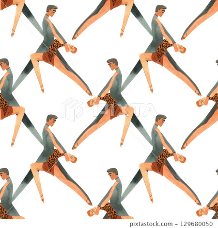 Dancing as a hobby for adults. ProAm in a dance studio. Seamless watercolor pattern for textile and fabric design for training dresses, bodysuits and suits. Merch for a dance studio. Dancing as a hobby for adults. ProAm in a dance studio. Seamless watercolor pattern for textile and fabric design for training dresses, bodysuits and suits. Merch for a dance studio. 129680050