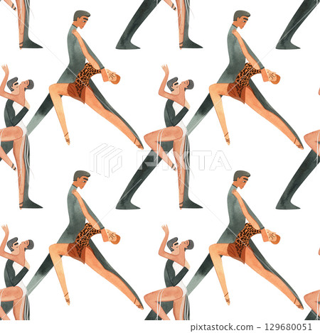 Couples on the parquet dancing La. Professional dancers on the performance. Seamless watercolor pattern for the design of the corporate identity of the brand of the dance school for adults. 129680051