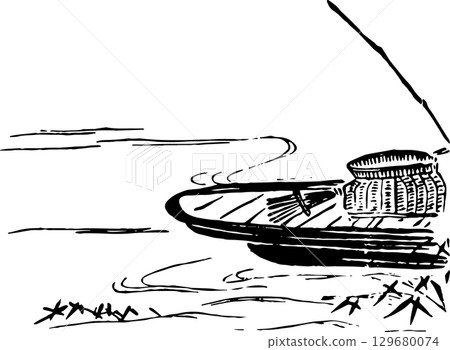 River, boat and fish basket River, boat and fish basket 129680074