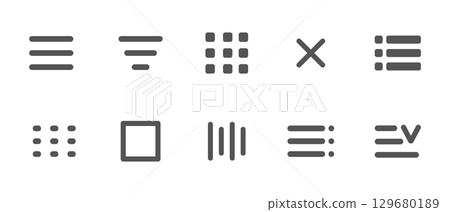 Website navigation button set. Hamburger menu line icon burger interface menu simple line, minimal ui popup burger. Template navigation dropdown button web symbol. Interface design element 129680189