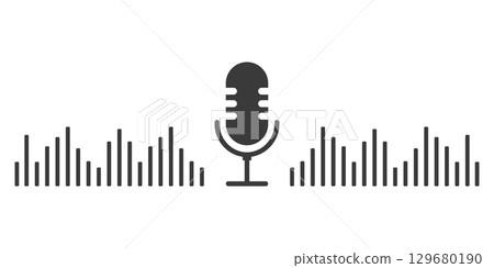 Podcast icon audio voice record, music wave. Microphone symbol, talk, speech. Voice record button or audio call. Retro simple icon. 129680190