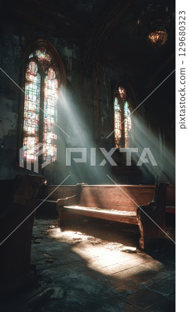 Abandoned church interior broken stained glass dusty wooden pews sunlight dramatic atmosphere 129680323