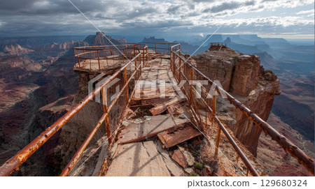 Abandoned observation deck, rusted metal, canyon, dramatic sky, rugged landscape, remote location 129680324
