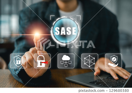 Businesswoman interacting with SASE digital interface, showcasing secure network technology and cloud security solutions. 129680380