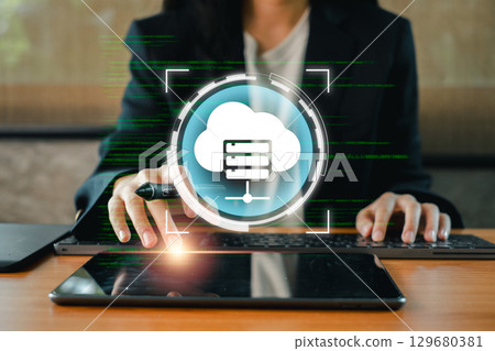 High-tech data center showcasing cloud computing and digital storage solutions with advanced technology. 129680381