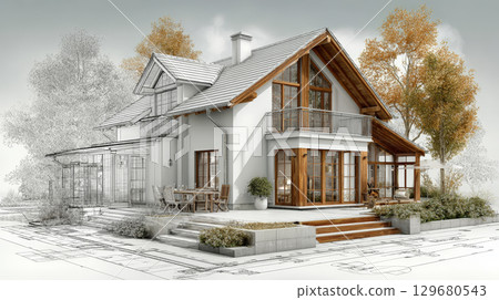 3D Rendering of House Construction on Blueprints - Detailed Architectural Project. Generative AI 3D Rendering of House Construction on Blueprints - Detailed Architectural Project. Generative AI 129680543