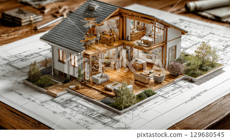3D Rendering of House Construction on Blueprints - Detailed Architectural Project. Generative AI 129680545