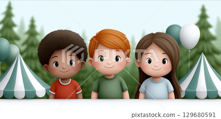 A colorful illustration of three children standing outdoors at a festive event with balloons, tents 129680591