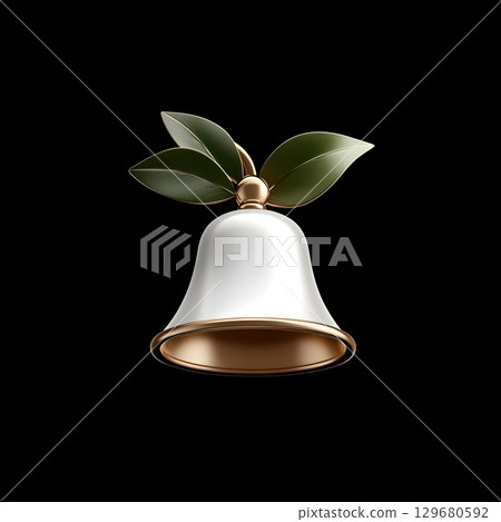 A sleek, modern 3D illustration of a glossy bell adorned with green leaves. 129680592