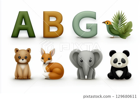 Cute alphabet letters with animals, featuring a bear, fox, elephant, panda, and a bird. 129680611