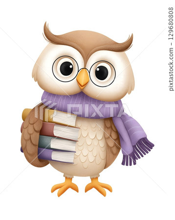 Charming illustration of an owl wearing a scarf and holding books. 129680808