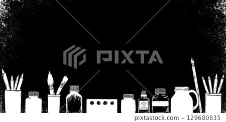 A black and white illustration of various art supplies including brushes, pencils, and bottles 129680835