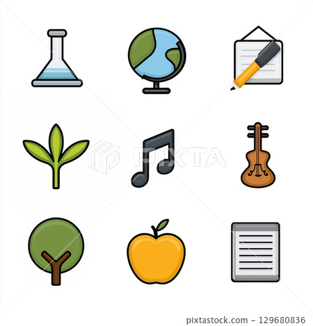 A collection of colorful icons representing education and creativity, including a flask, globe 129680836