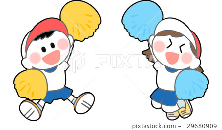 運動會上孩子們用絨球歡呼的插圖 運動會上孩子們用絨球歡呼的插圖 129680909