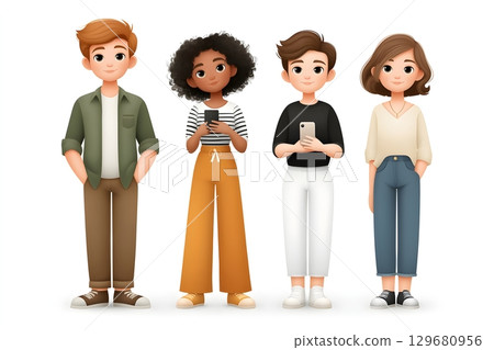 Illustration of four diverse individuals standing casually, each holding a smartphone. 129680956