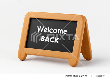 Wooden framed chalkboard with "Welcome Back" inscription in white, using a clean, modern font. 129680959