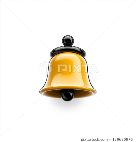 A glossy 3D yellow notification bell with black details on a white background. 129680976