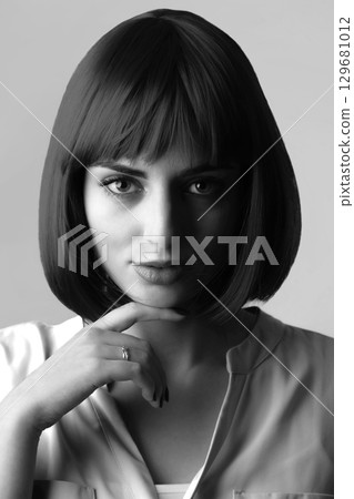 Beautiful woman with bob style haircut studio portrait 129681012