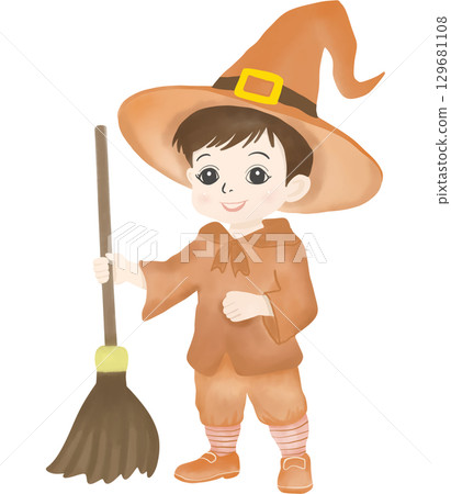 Adorable illustration of a young boy dressed as a wizard, wearing a pointed hat and holding a broomstick. 129681108