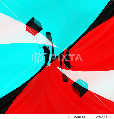 Fantasy concept of woman with black dress and flying cube in rgb color split effect Fantasy concept of woman with black dress and flying cube in rgb color split effect 129681142