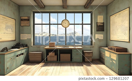 Coastal Office Interior with Ocean View and Vintage Furniture 129681207