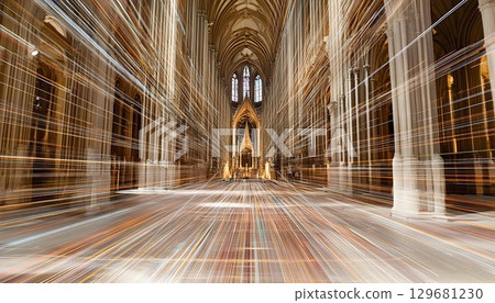Light Streaks Through Gothic Cathedral Interior, Abstract Archit 129681230