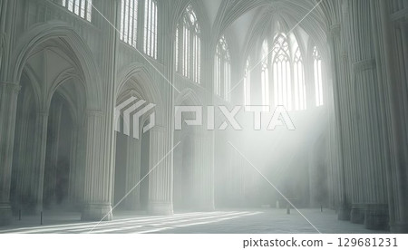 Sunlit Gothic Cathedral Interior: Misty Light and Stone Columns Sunlit Gothic Cathedral Interior: Misty Light and Stone Columns 129681231