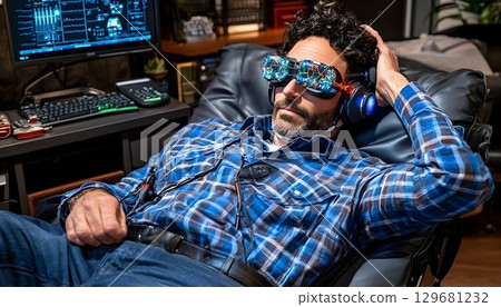 Relaxed Man Experiencing VR Technology with Advanced Headset and 129681232