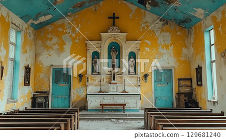 Abandoned Church Altar with Teal Doors and Peeling Paint Abandoned Church Altar with Teal Doors and Peeling Paint 129681240