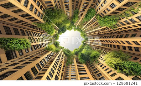 Verdant Urban Oasis: Lush Green Spaces Between Beige Towers 129681241