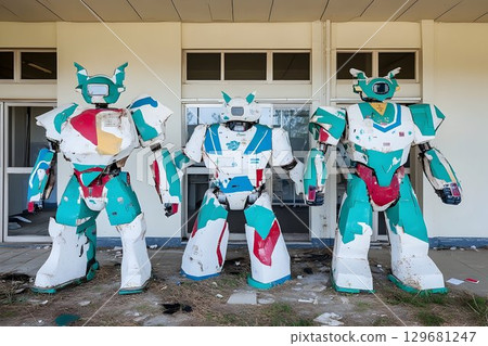 Three Weathered Robot Guardians Stand Sentinal Outside an Abando 129681247