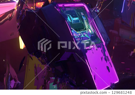 Cyberpunk Arcade Machine Fragmented in Neon Glow, Shattered Real 129681248