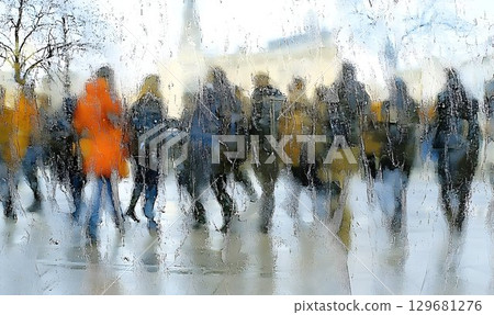 Rainy Cityscape Viewed Through Misted Glass 129681276