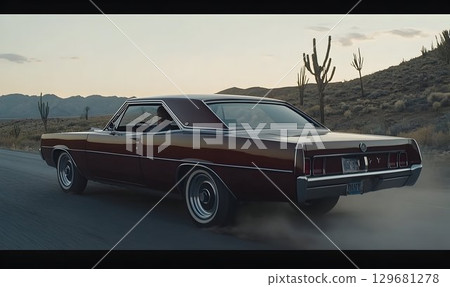 Maroon Classic Car Drifting on Desert Road at Sunset with Cacti 129681278