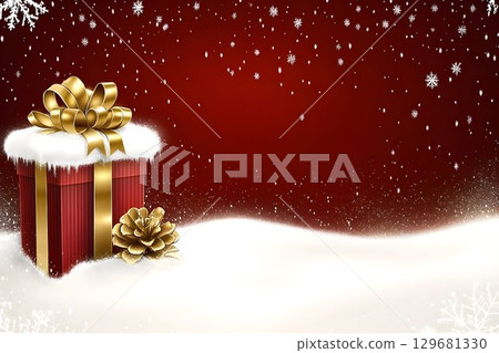 Festive Red Gift with Golden Bow and Pinecone in Snowy Winter Sc 129681330