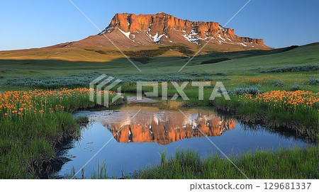 Chief Mountain's Reflection in a Calm Stream Amidst a Field of O 129681337