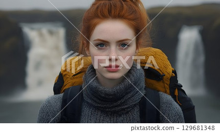 Redhead Hiker with Backpack Stares Intensely Against Waterfall B 129681348