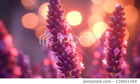 Delicate Lavender Spikes in Golden Sunrise Light 129681349