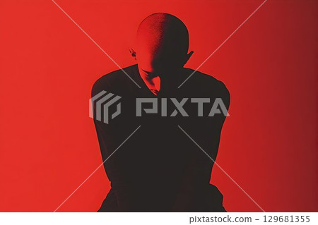Bald figure in shadow against a vibrant red background, head bow Bald figure in shadow against a vibrant red background, head bow 129681355