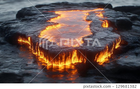 Molten Lava Flowing Over Black Volcanic Rock into the Ocean 129681382