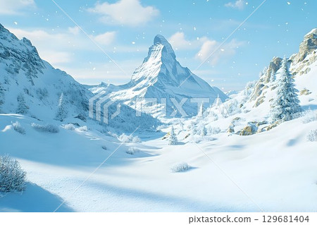 Majestic Matterhorn Peak Dominates a Snowy Valley Under a Pale B 129681404