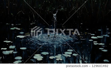 Dark Pond Reflection with Water Droplet and Lily Pads Oil Painti 129681492